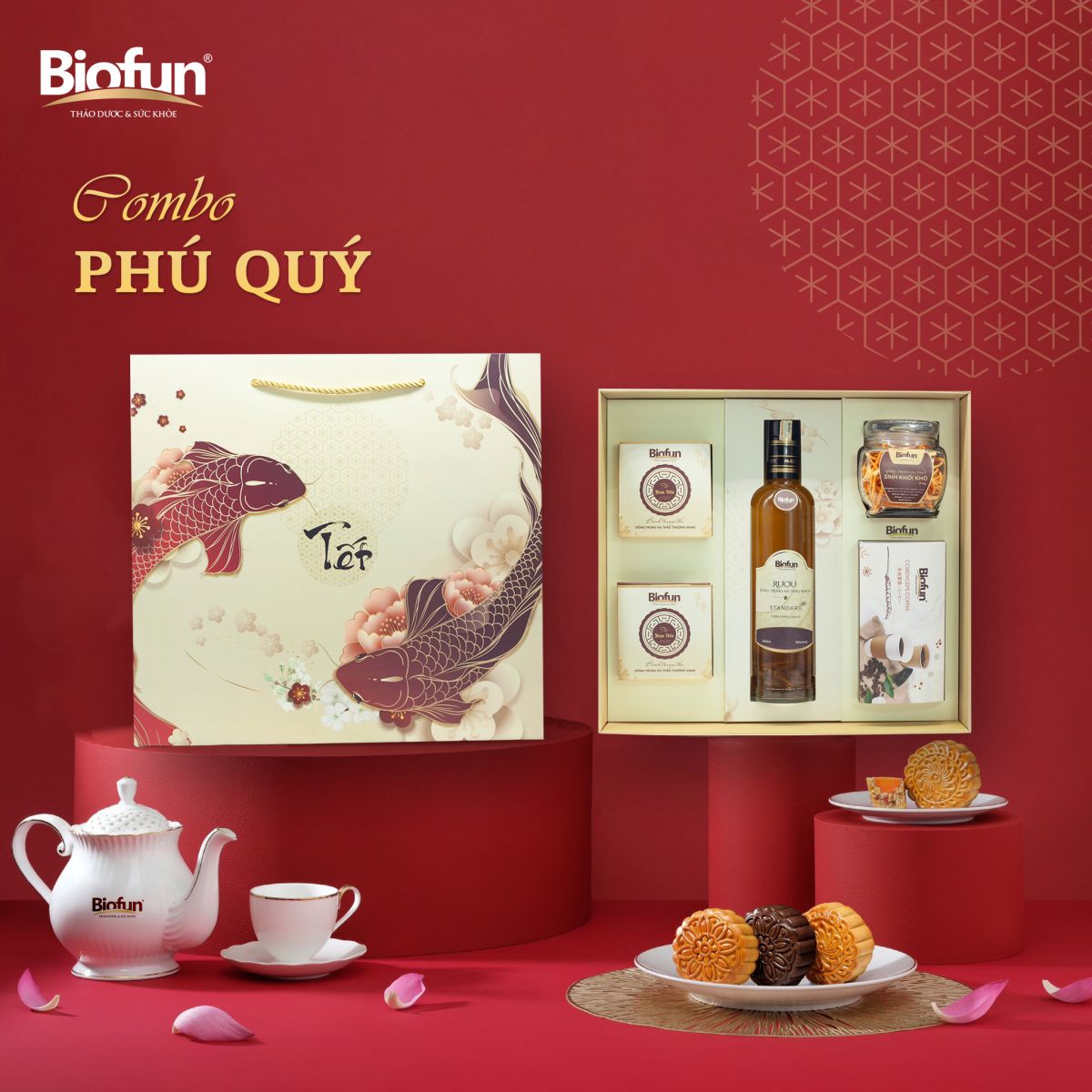 Tết trung thu - Trà đông trùng hạ thảo & Bánh trung thu -> Hộp quà tặng Cá chép vờn trăng.